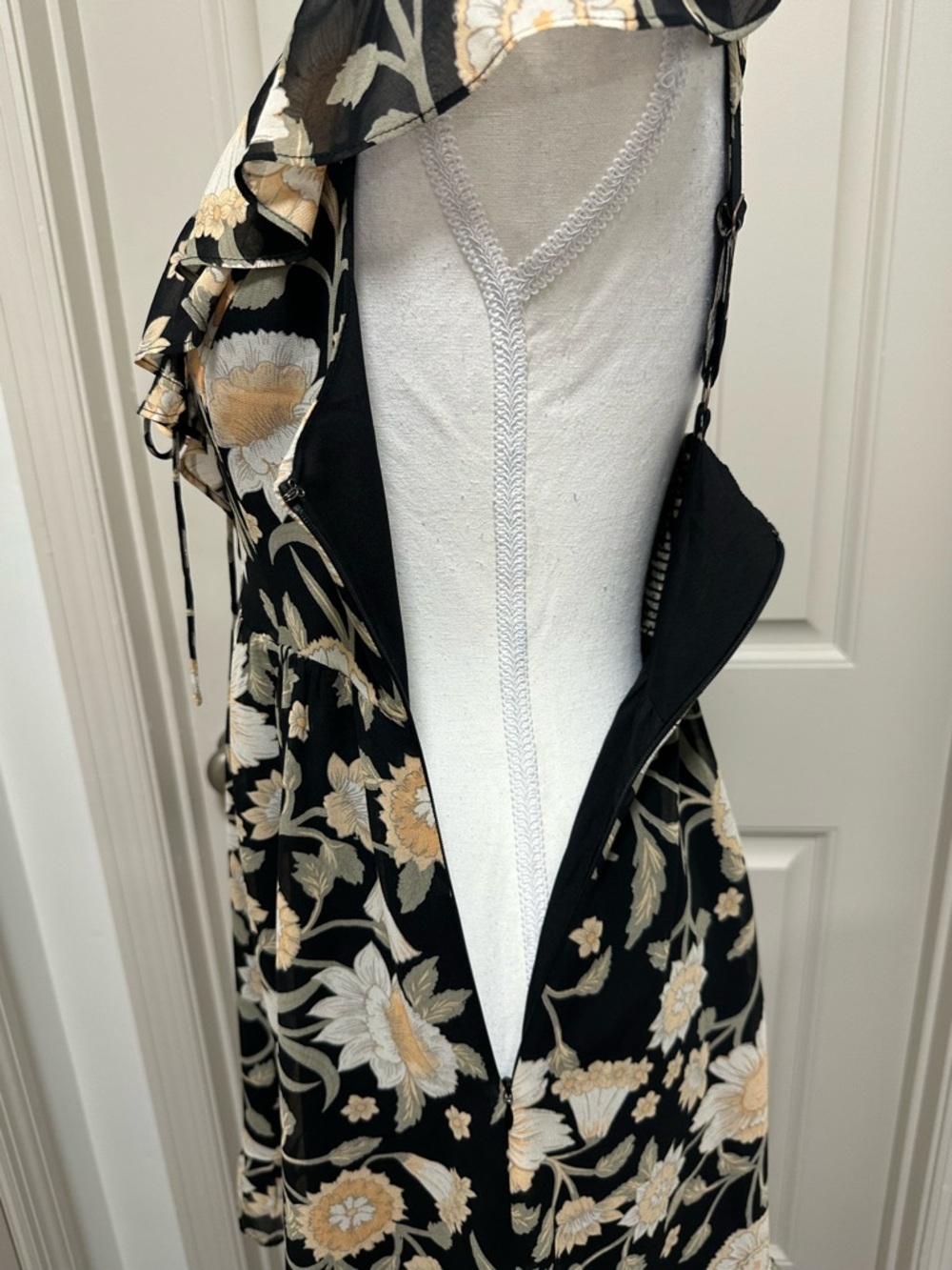 Gentle Fawn Black Floral Ruffle Mini Dress with Cream Flowers - Picture 5 of 8